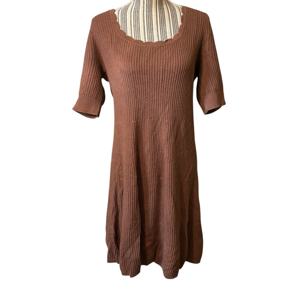 GAP Dress Large Brown Terracotta Knit Midi Fit & Flare Scalloped Neckline Ribbed